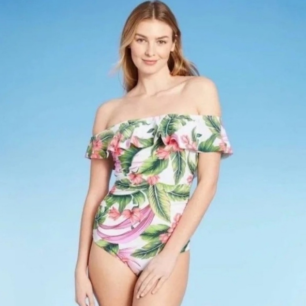 Kona Sol Swimsuit Off Shoulder Flounce High Coverage One Piece Tropical